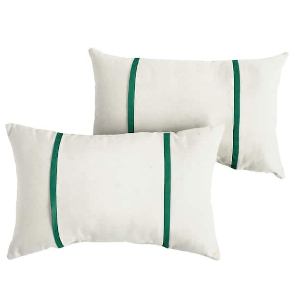 SORRA HOME Sunbrella Ivory with Forest Green Rectangular Outdoor Knife Edge Lumbar Pillows (2-Pack)