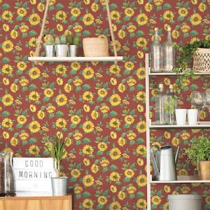 Sunflower Trail Red/Yellow/Green Matte Finish Vinyl on Non-Woven Non-Pasted Wallpaper Roll