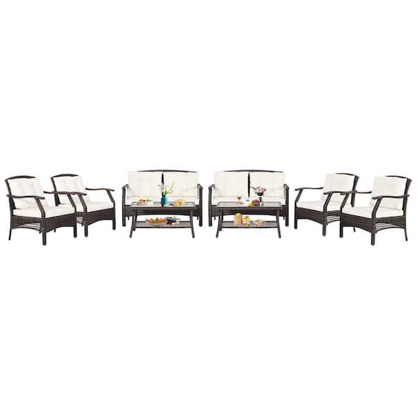 Gymax 8-Pieces Wicker Rattan Patio Conversation Furniture Set Sofa Set with Waterproof Cover Cushioned Beige