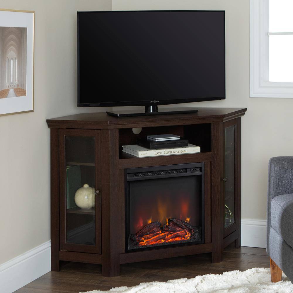 Brown Corner Fireplace TV Stand with Glass Doors for 55" TVs