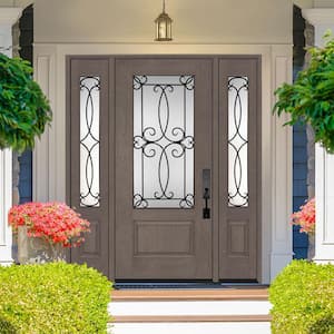 Regency 64 in. x 80 in. Georgian Decorative Glass LHIS 3/4Lite Ashwood Mahogany Fiberglass Prehung Front Door w/12in.SLs