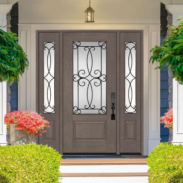 Regency 68 in. x 80 in. 3/4Lite Georgian Decorative Glass LHIS Ashwood Mahogany Fiberglass Prehung Front Door w/14in.SLs