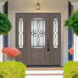 Regency 68 in. x 80 in. Georgian Decorative Glass RHOS 3/4Lite Ashwood Mahogany Fiberglass Prehung Front Door w/14in.SLs