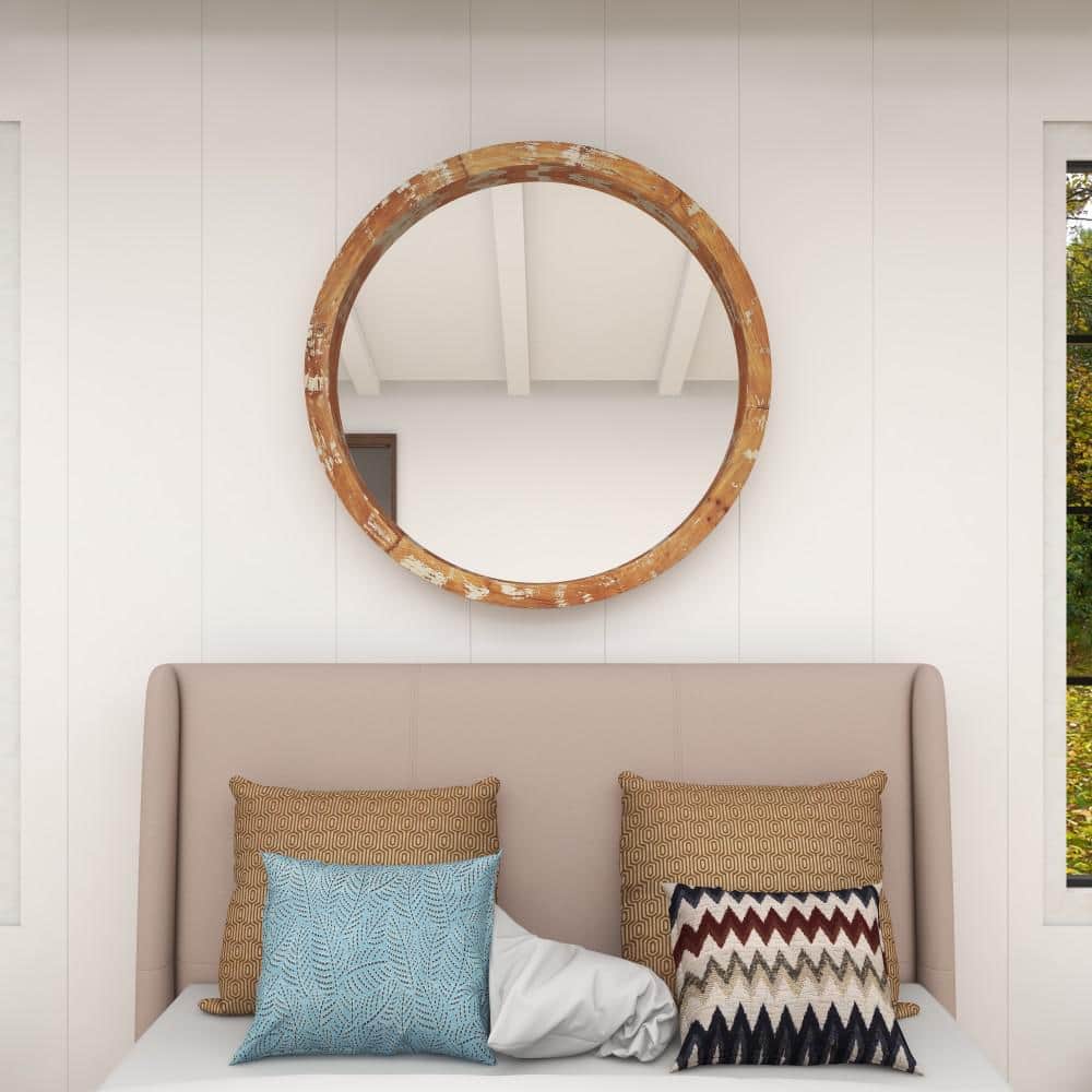 Vintage Round Brown Wood Wall Mirror
