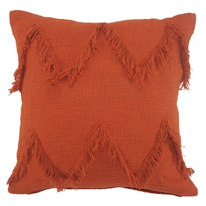 Solid Cinnamon Reddish Orange Chevron Shag 20 in. x 20 in. Indoor Throw Pillow