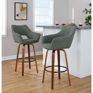 Mustang 30.25 in. Green Fabric, Walnut Wood, and Black Metal Fixed-Height Barstool (Set of 2)