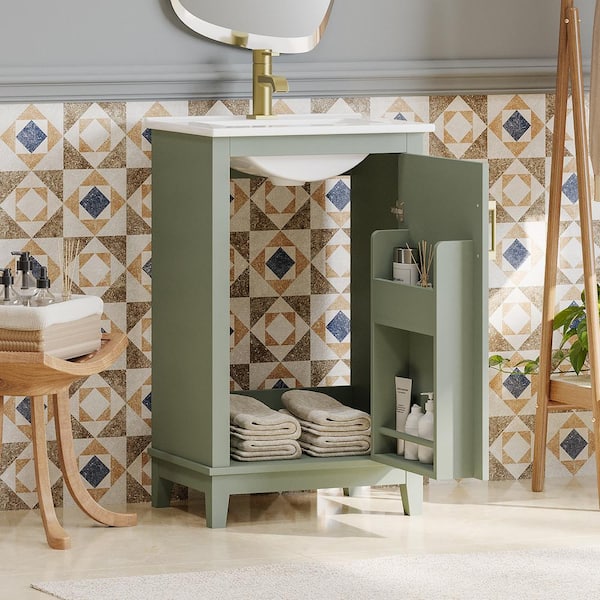Tenleaf 20 in. W Single Sink Freestanding Bath Vanity in Green with White Ceramic Top and Soft-Close Door Unassembled