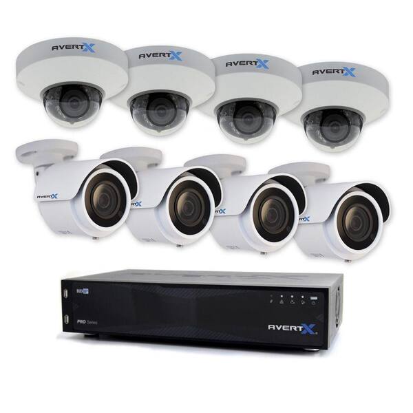 AvertX PRO 16-Channel HD+ IP Surveillance System with 8TB (4) WDR Low Profile Dome Cameras (4) and 4MP Mini Bullet Cam