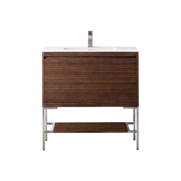 James Martin Vanities Mantova 35.4 in. W x 18.1 in. D x 36 in. H Single Bathroom Vanity Mid-Century Walnut & Glossy White Composite Stone Top