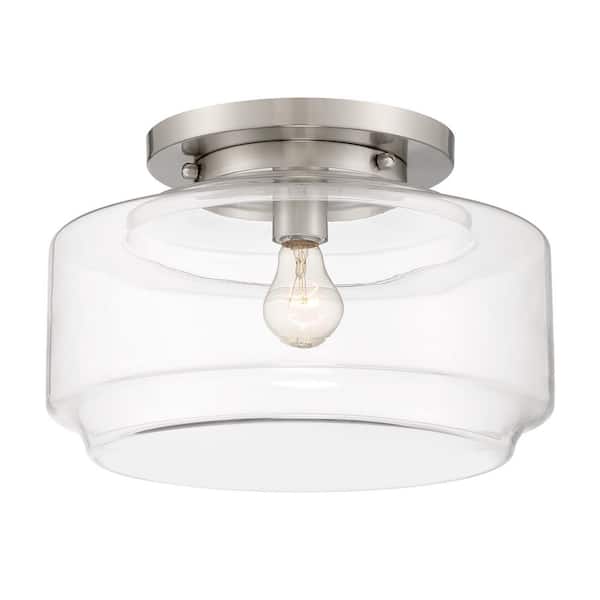 Peri 14 in. 1 Light Brushed Polished Nickel Finish Transitional Flush Mount with Clear Glass and No Bulbs Included