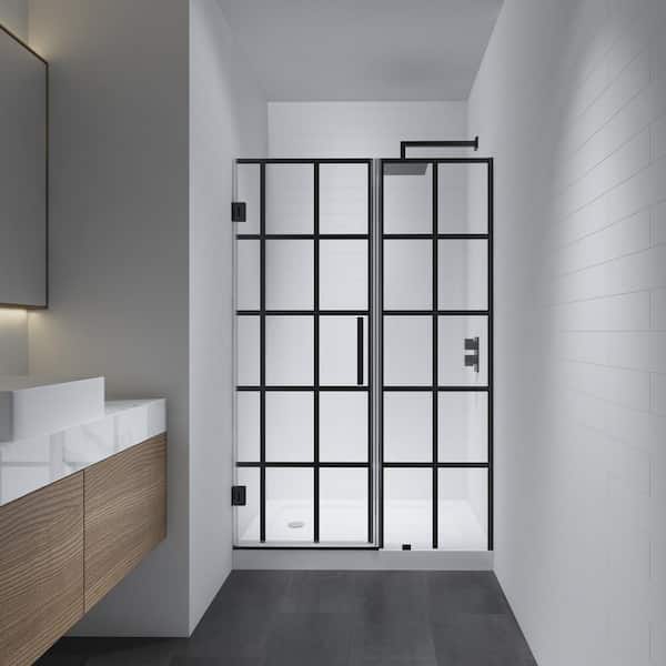 48 in. W x 72 in. H Hinged Semi-Frameless Shower Door in Black Finish with 3/8 in. Black Grid Clear and Tempered Glass