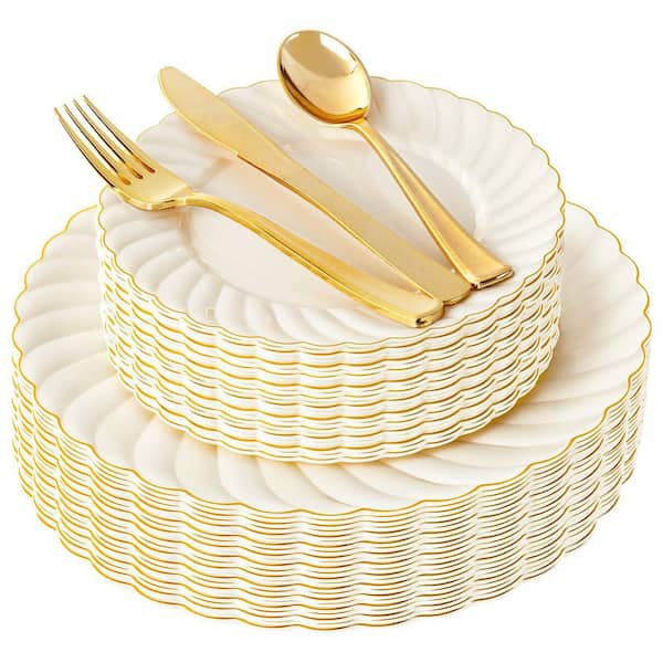 125-Piece Ivory Scalloped Plastic Dinnerware Set Include 50 Plates, 75 Gold Silverware, Service Set For 25