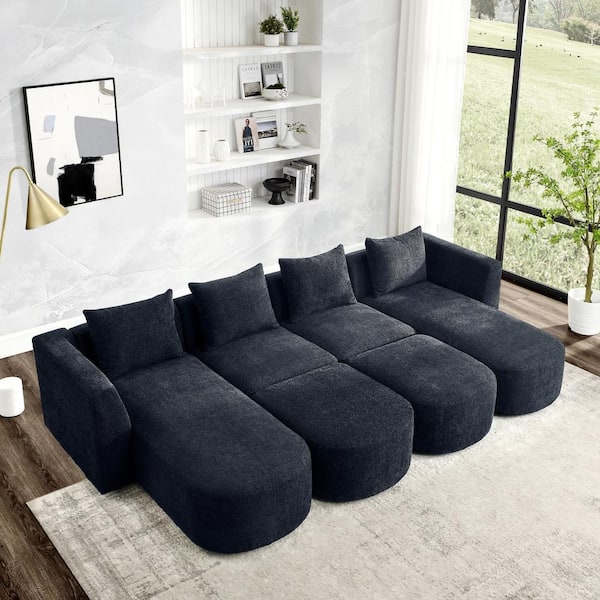 Magic Home 117 in. DIY Combination U Shape Loop Yarn Polyester Modern Sectional Sofa with Single Seats, Chaises and Ottomans, Black