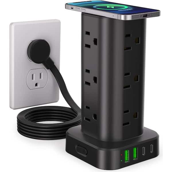 12-Outlet Power Strip Surge Protector with Wireless Charger, 6 ft. Extension Cord and 4 USB (2 USB C) in Black