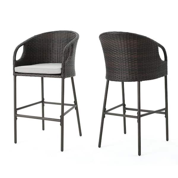 Brown Multi Wicker Outdoor Bar Stools with Light Gray Cushion (2-Pack)