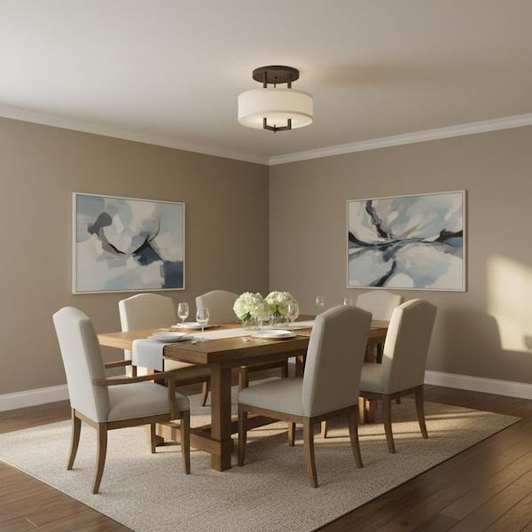 HINKLEY Hampton 15 in. 3-Light Buckeye Bronze Semi-Flush Mount with Off-White Linen Hardback Shade