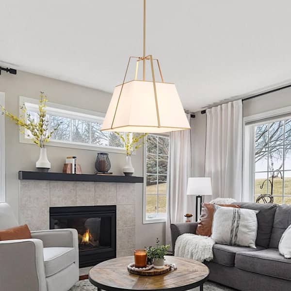 HUOKU Haven 4-Light 18 in. W White Fabric and Brass Pendant Light