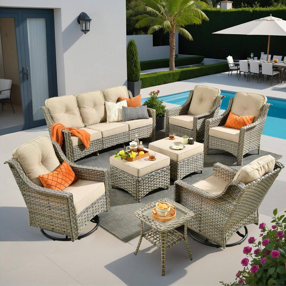 Harpera 8-Piece Outdoor Wicker Patio Conversation Sofa Seating Set With Swivel Rocker, Ottomans and Beige Cushions price history on PriceWatchPro