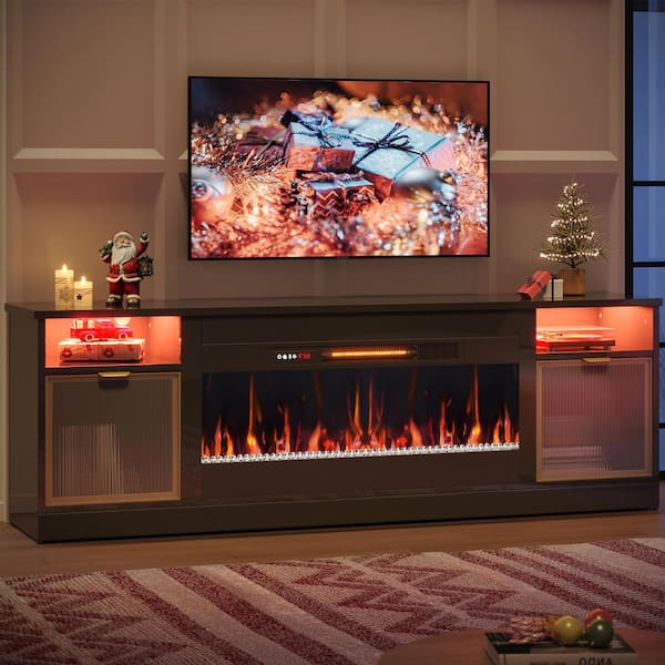 71 in. Freestanding Fireplace TV Stand for TVs Up to 80 in. with Ample Storage in Glossy Black