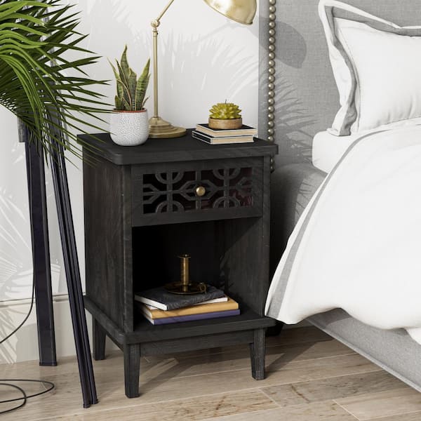 FUIN Farmhouse Solid Wood 1 Drawer Black Nightstand with Open shelf 17.75 in. L x 15.75 in. W x 26 in. H Z03003 2 The Home Depot