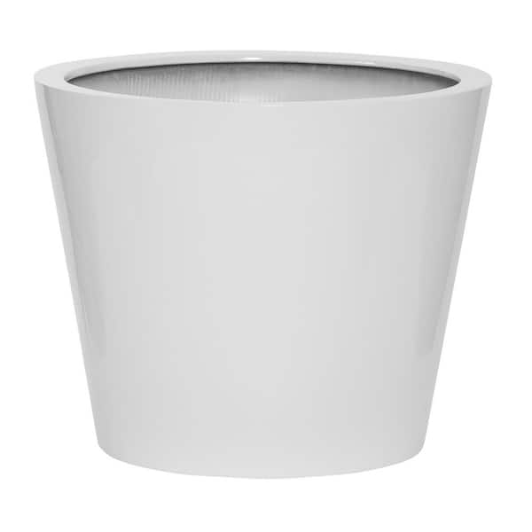 Bucket Small 16 in. Tall Glossy White Fiberstone Indoor Outdoor Modern Round Planter Pot