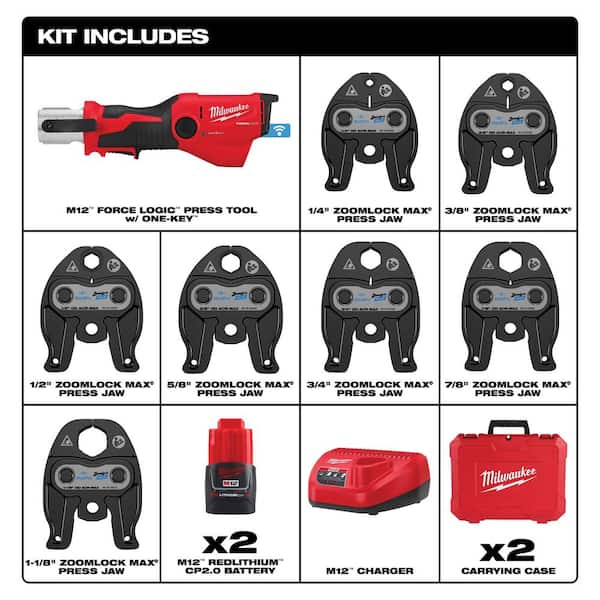 M12 12-Volt Lithium-Ion FORCE LOGIC Press Tool with ONE-KEY and 1/4 in. - 1-1/8 in. ZoomLock MAX ACR Press Jaw Kit