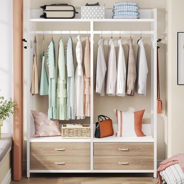 TRIBESIGNS WAY TO ORIGIN Carmalita Modern Walnut White Wood 47.2 in. Armoire Closet Organizer Hanging Rod Garment Shelves 4-Drawers 8-Hooks Rack
