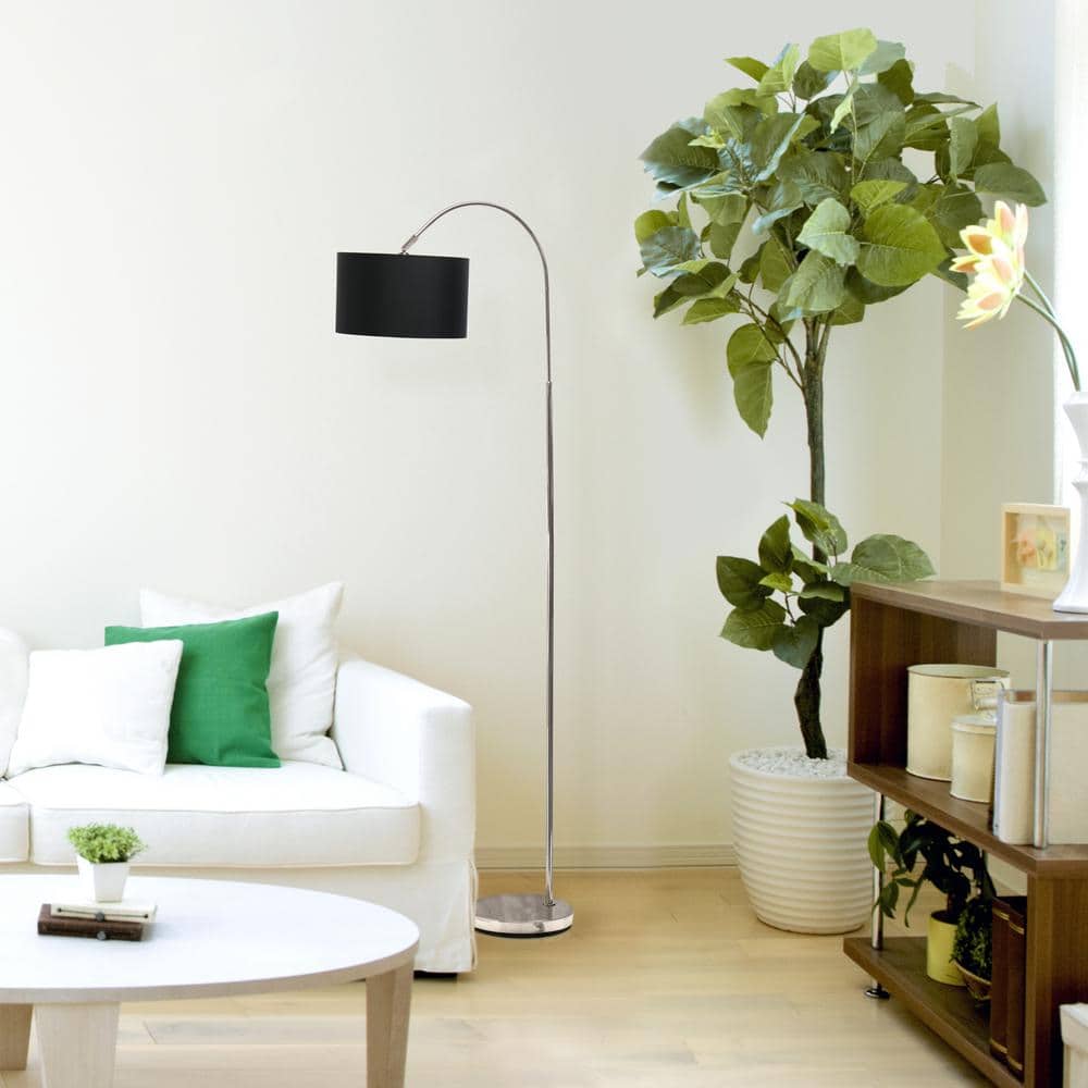 66" Brushed Nickel Arched Floor Lamp with Black Fabric Shade