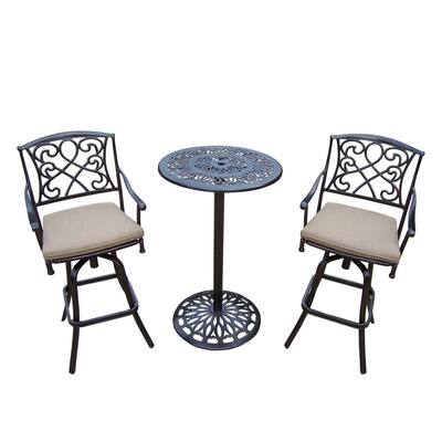 Grace 3-Piece Metal Round Outdoor Bar Height Dining Set with Beige Cushions