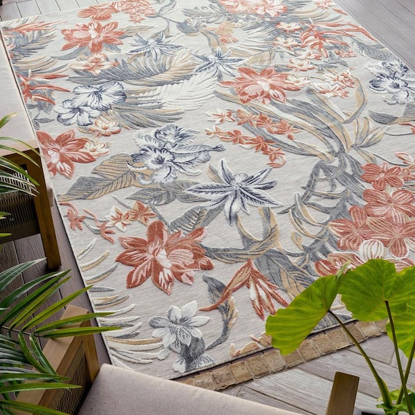 Tayse Rugs Tropic Floral Gray 2 ft. x 3 ft. Indoor/Outdoor Area Rug