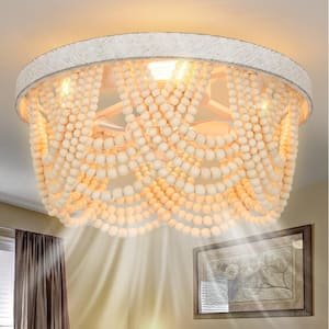 20 in. Indoor 4-Lights Wood Boho Caged Ceiling Fan with Light and Remote, Wood Bead Fandelier, Chandelier Light Fixture