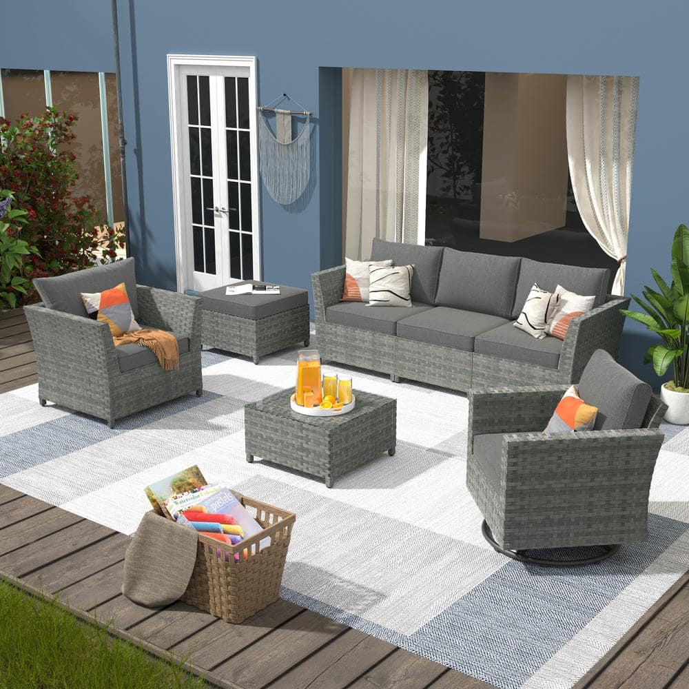 XIZZI Fontainebleau Gray 7-Piece Wicker Patio Conversation Sectional ...