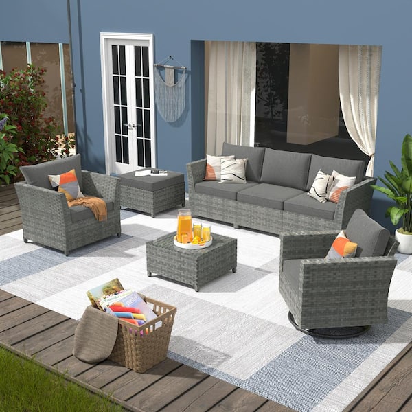 XIZZI Fontainebleau Gray 7-Piece Wicker Patio Conversation Sectional Sofa Set with Black Cushions and Swivel Rocking Chair