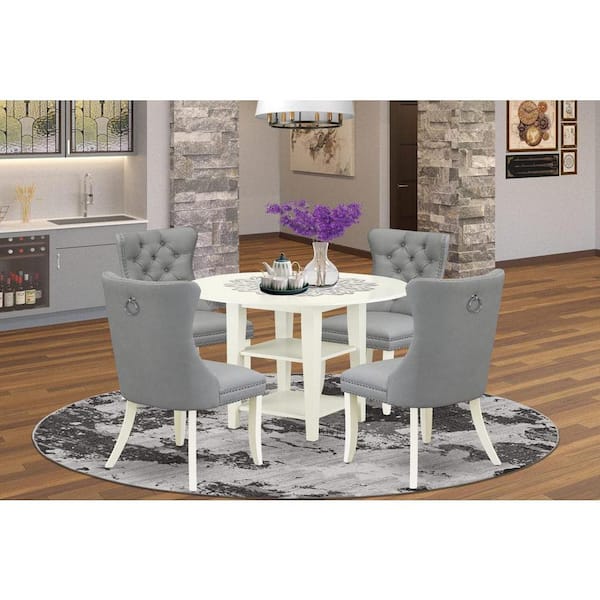 East West Furniture 5-Piece Linen White Finish Solid Wood Top - Round Dining Room Set with Dropleaf - Seats 4