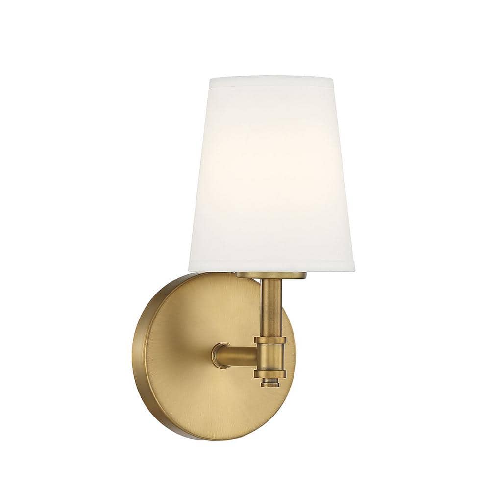 Natural Brass Dimmable Wall Sconce with White Linen Shade