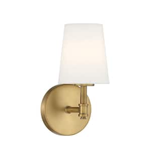 Meridian 5.5 in. W x 9.5 in. H 1-Light Natural Brass Wall Sconce with White Linen Shade