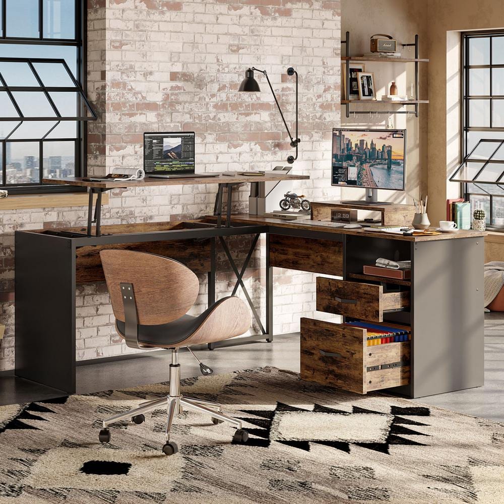 Rustic Brown L-Shaped Adjustable Height Desk with Filing Cabinet