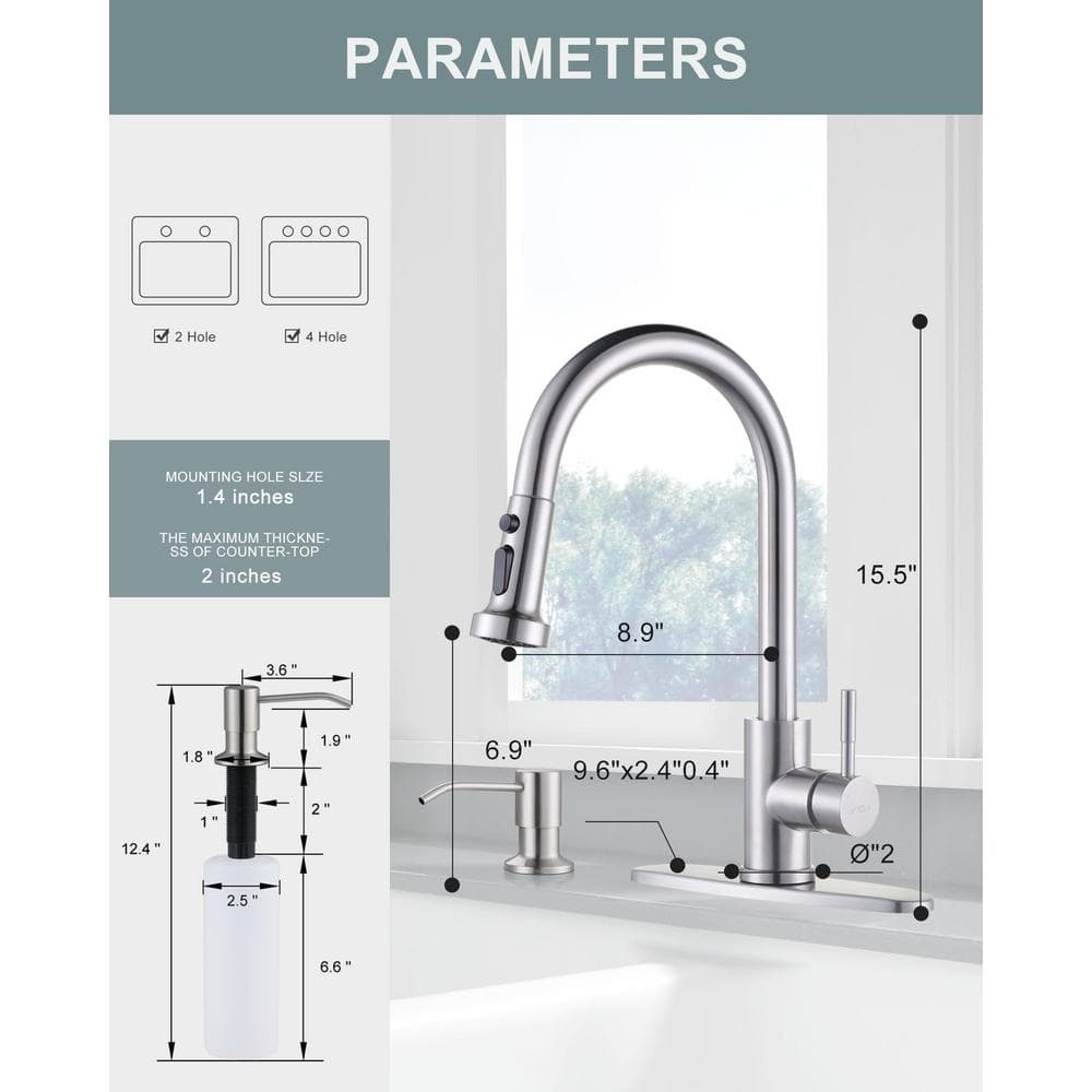 Brushed Nickel Single Handle Pull Down Kitchen Faucet with Soap Dispenser