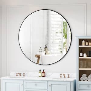 42 in. W x 42 in. H Round Framed Wall Mounted Bathroom Vanity Mirror in Black