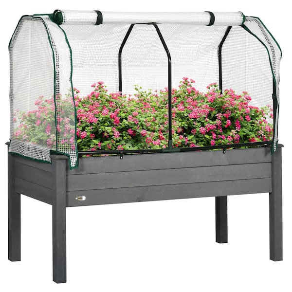 Outsunny 45.25 in. x 19.25 in. x 7.25 in. Dark Gray Fir Wood Raised Garden Bed with PE Greenhouse Cover