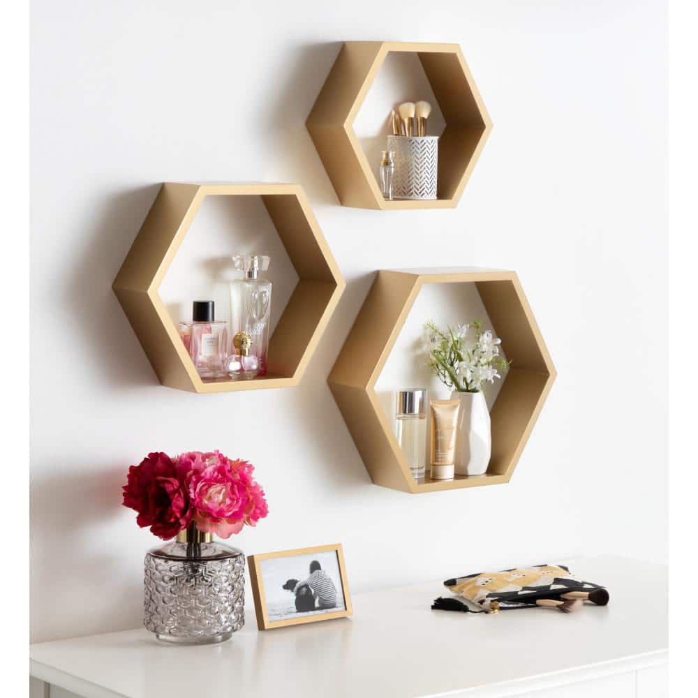 Gold Hexagon Floating Wood Wall Shelf Set