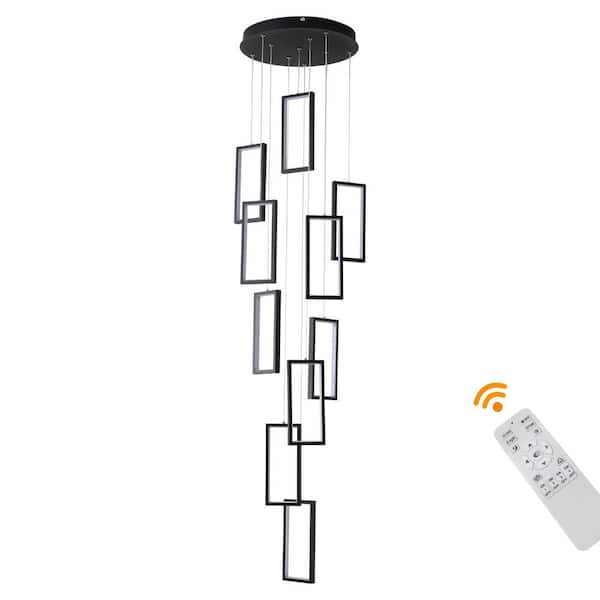 OUKANING 10-Light Black Modern Rectangular Dimmable Integrated LED Pendant Light with Adjustable Height and Remote