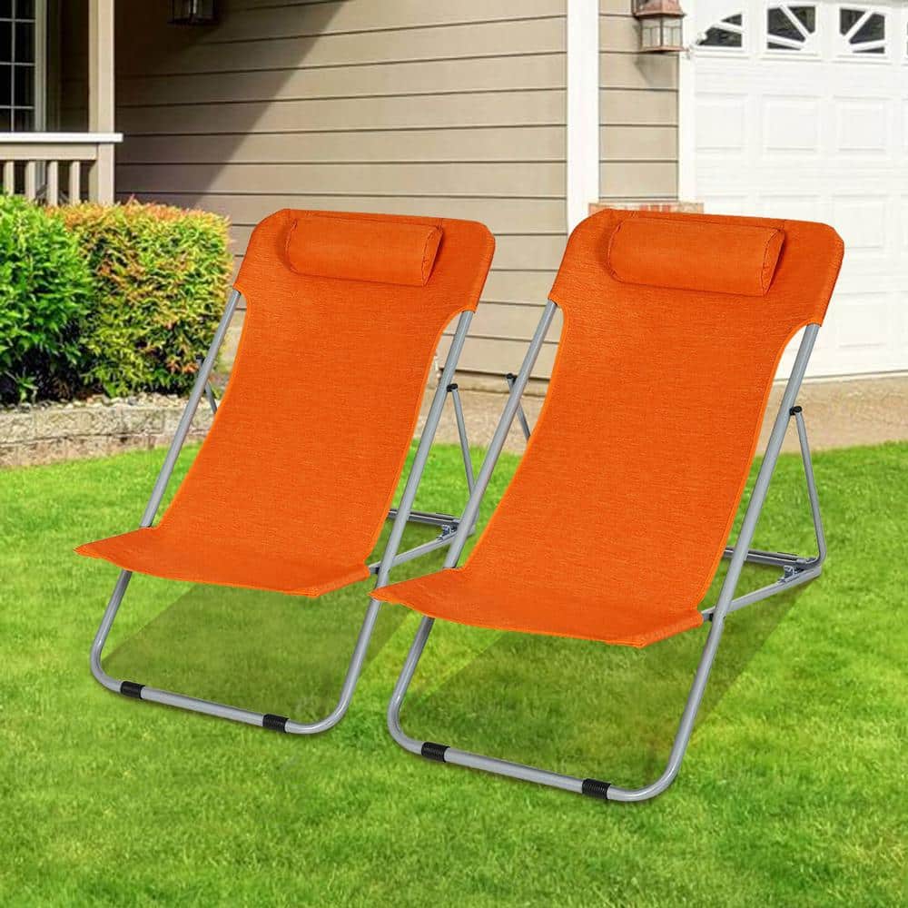 Orange Folding Beach Lounger Set with Adjustable Backrest