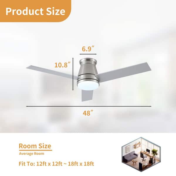 48 in. Integrated LED Indoor Flush Mount Brushed Nicke Standard Ceiling Fan with Dimmable Light and Remote 6-Speed