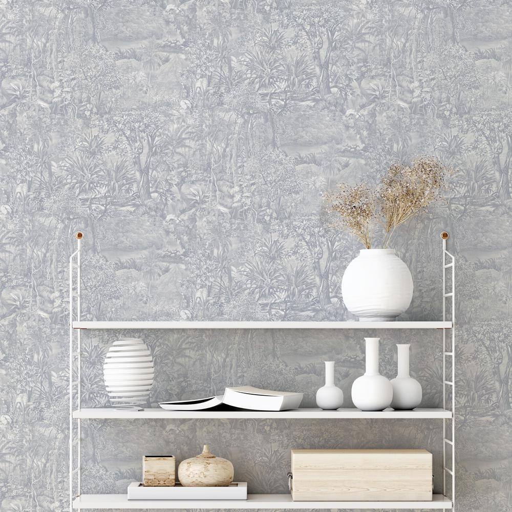 Cornflower Blue Vinyl Jungle Toile Peel and Stick Wallpaper Roll