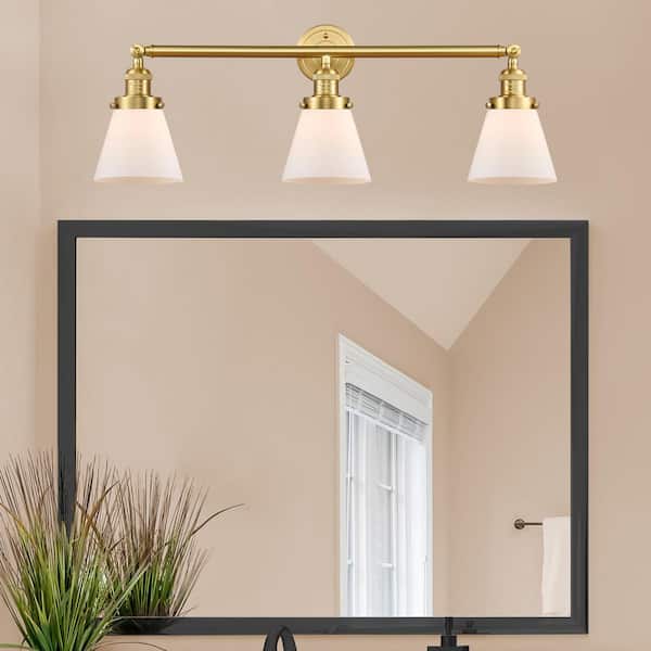 Cone 30 in. 3-Light Satin Gold Vanity Light with Glass Shade