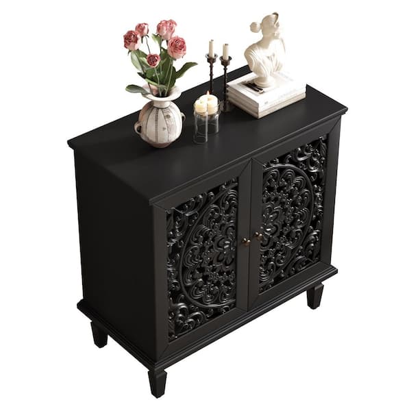 Euclid Vintage 31.5 in. W Black MDF Wood Buffet Sideboard Storage Cabinet with Brass Handles Adjustable Shelf