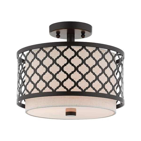 AVIANCE LIGHTING Amalfi 12 in. 2-Light English Bronze Semi Flush Mount Light with Oatmeal Fabric Shade