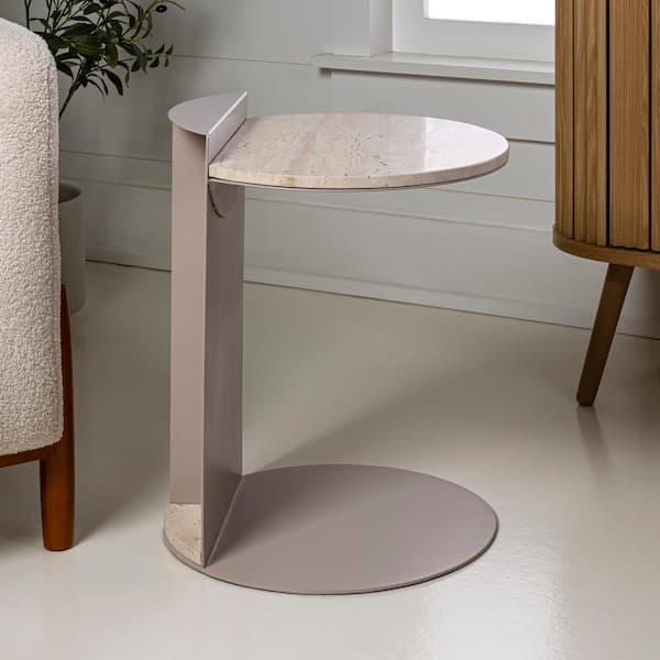JONATHAN Y Evelyn 16 in. Beige/Pink Beige Contemporary Natural Marble/Metal Handmade Round C-Shaped End Table