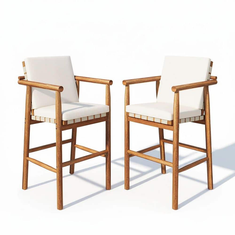 Natural Acacia Wood Outdoor Bar Stools with Beige Cushion, Backrest Arm and Webbing Seat (2-Pack) price history on PriceWatchPro